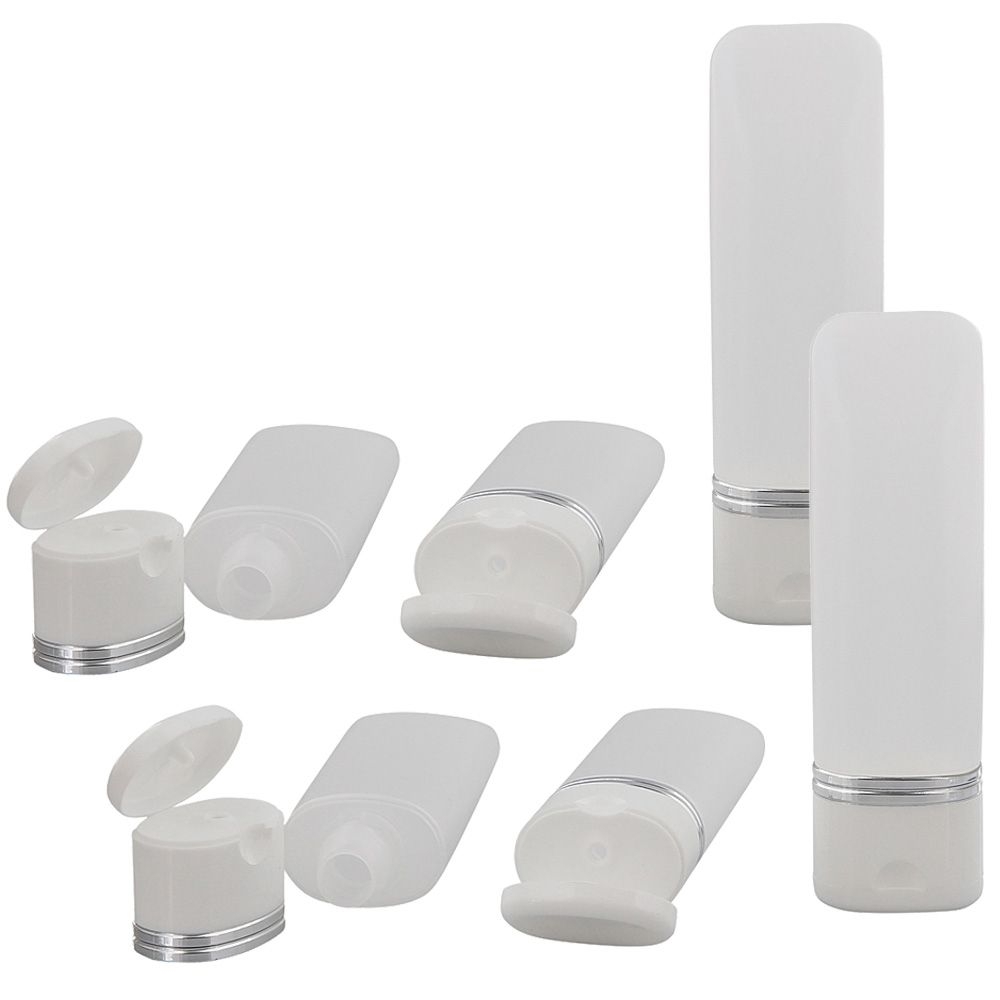 Kosmetex leere 100ml Tube mit Klappdeckel für Flüssigkeiten, ideal für Reise, transparenter Kunststoff mit Silber Streifen 6× 100 ml
