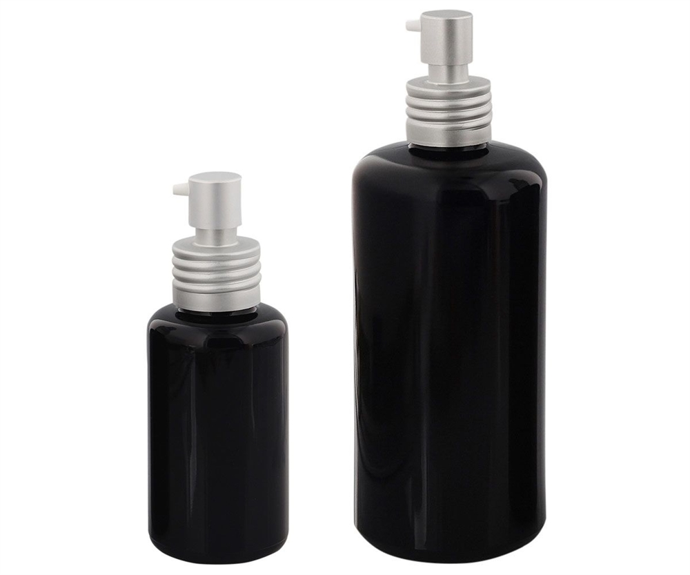 Violett-Glas Violett Lotion Gel Pump-Flasche 50 und 200ml, Kosmetex silber Alu Pumper, Spender-Flakon Miron, leer 
