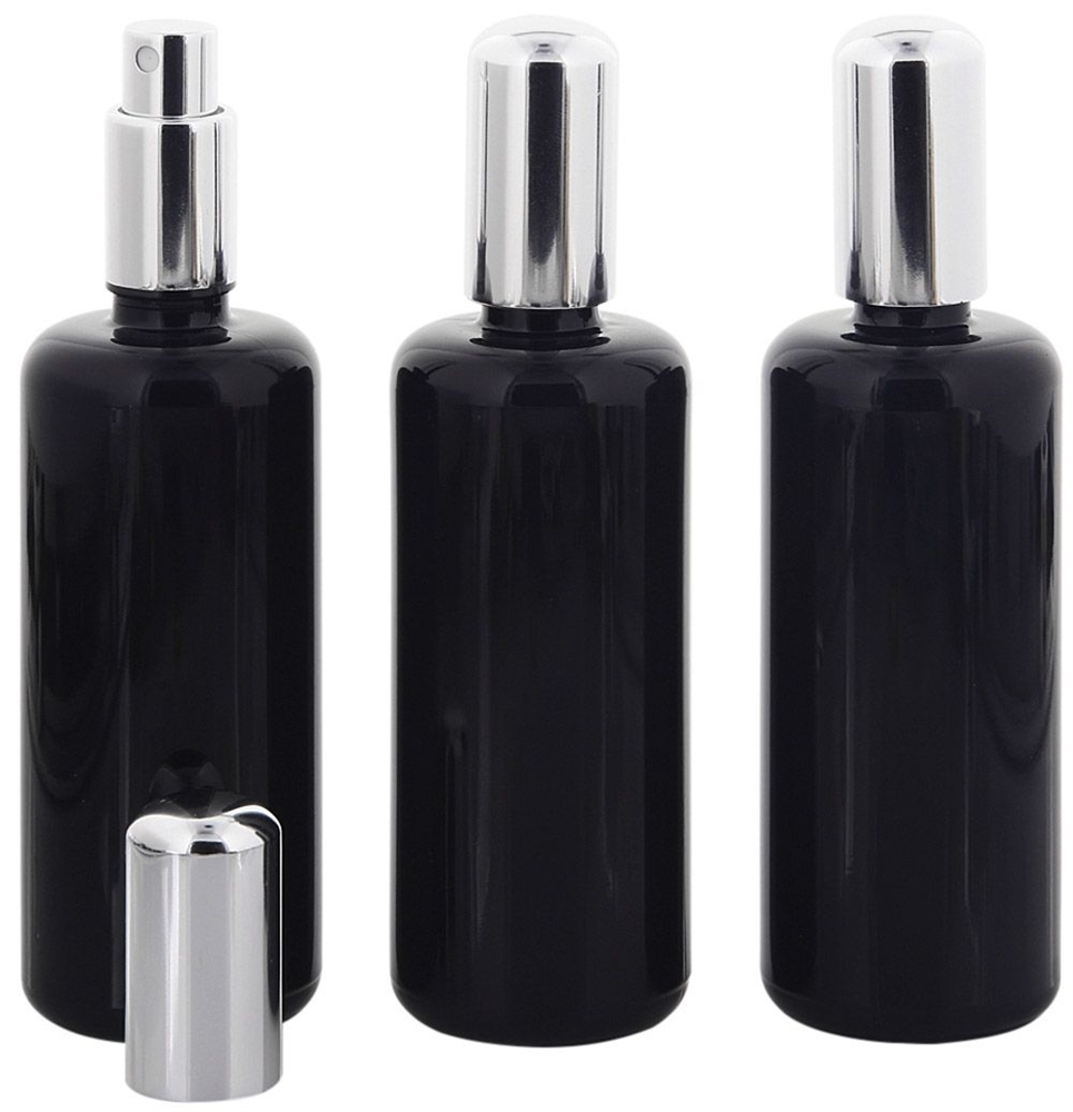 Violettglas Sprühflasche Miron m. silber Pumpe, Zerstäuber Kosmetex Flakon, Glas-Flasche, stark lichtschützend, leer, 100 ml 3× 100 ml Violettglas
