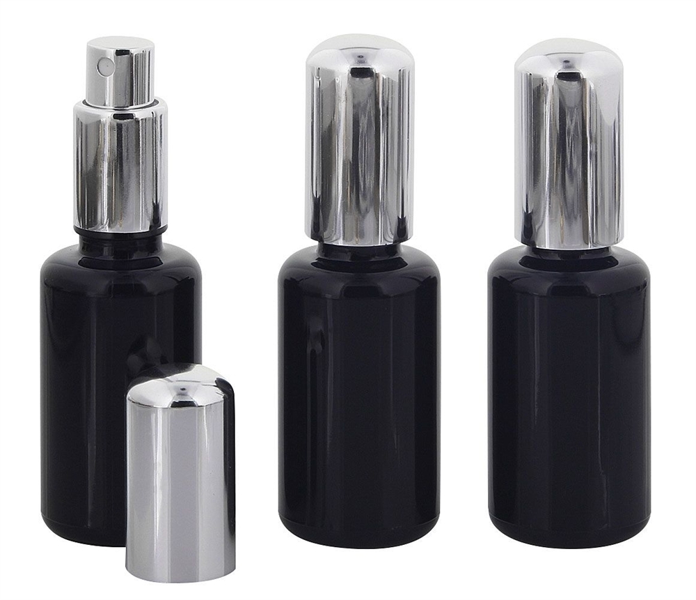 Violettglas Sprühflasche, m. silber Pumpe, Zerstäuber-Pumpe Kosmetex Flakon, Miron Glas-Flasche, stark lichtschützend 3× 30 ml Violettglas