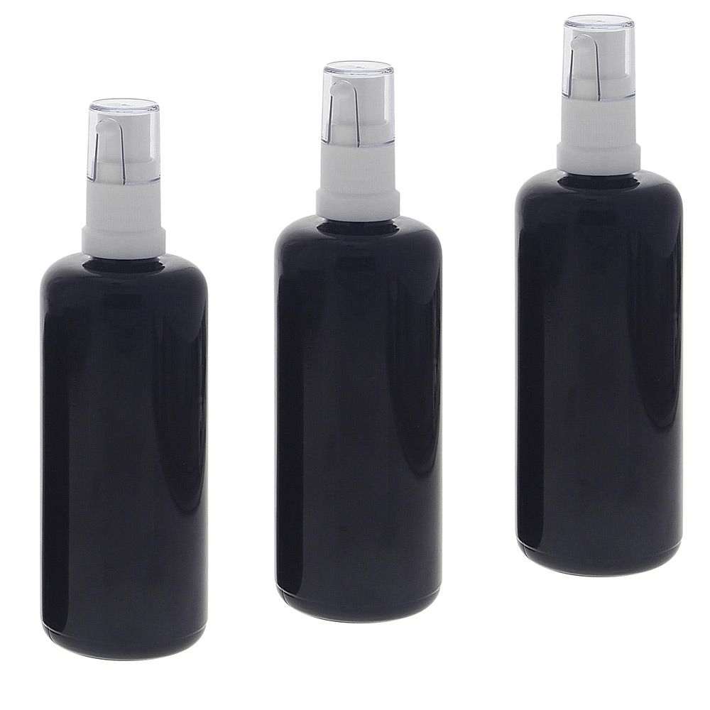 Gelspender aus Miron Violettglas Flasche 100ml, Kosmetex Gel-Pumper für lichtempfindliche Lotionen, Gele 3 x 100 ml