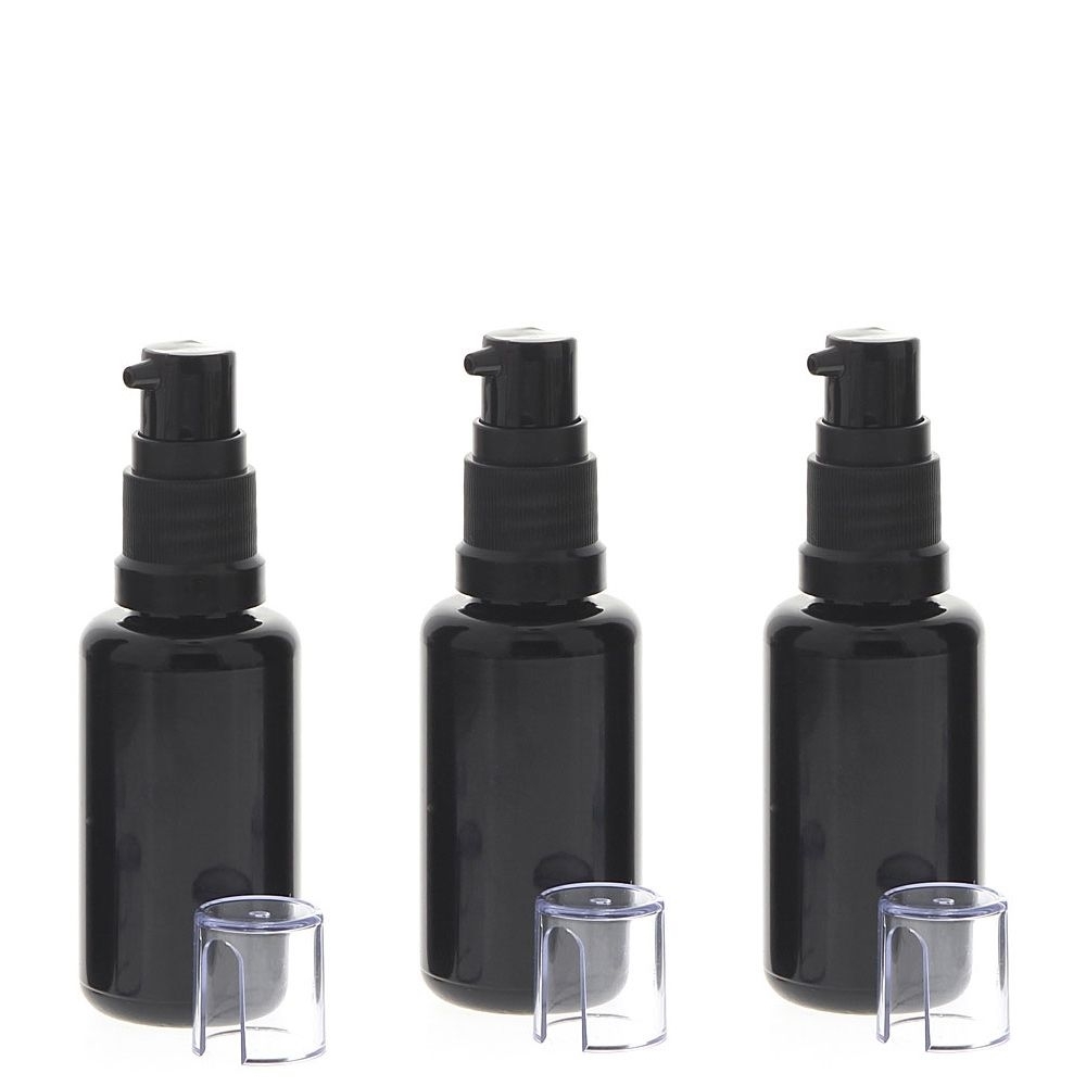 Gelspender aus Violettglas, kleine Glasflasche, Kosmetex schwarzer Gel-Pumper für lichtempfindliche Lotionen, Gele 3 x 30ml