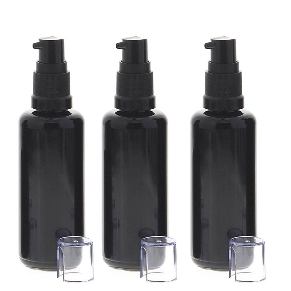Gelspender aus Violettglas, kleine Glasflasche, Kosmetex schwarzer Gel-Pumper für lichtempfindliche Lotionen, Gele 3× 50 ml