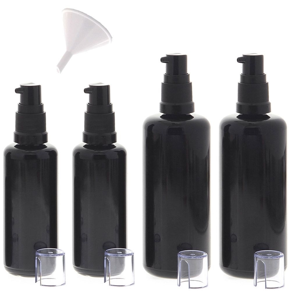 Gelspender aus Violettglas, 2x 50ml 2x 100ml 1x Trichter Kosmetex schwarzer Gel-Pumper für lichtempfindliche Lotionen, Gele 