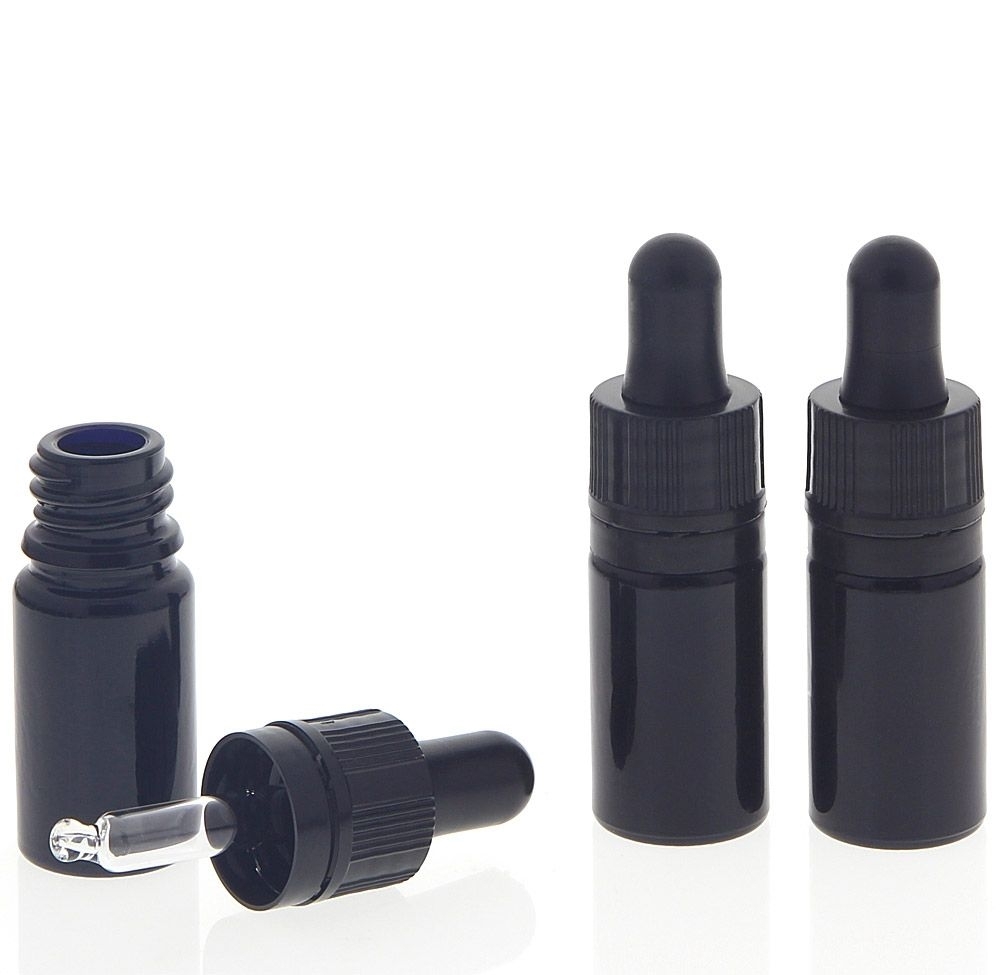 Kosmetex Extra kleine Miron Pipettenflasche 5ml, Mini Violettglas Glasflasche mit Pipette, nur 7 cm hoch, 3 x 5 ml