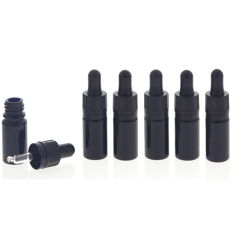 Kosmetex Extra kleine Pipettenflasche 5ml, Mini Violettglas Glas-Flasche mit Pipette, nur 7 cm hoch, 6× violett