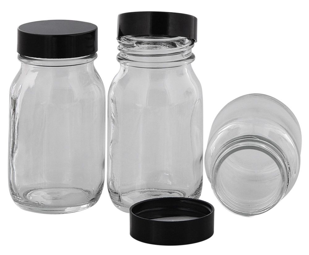 Klarglasflasche m. Kunststoff Deckel, Weithals-Flasche, 100 ml Kosmetex Glasdose aus Klarglas, leer 3× schwarz