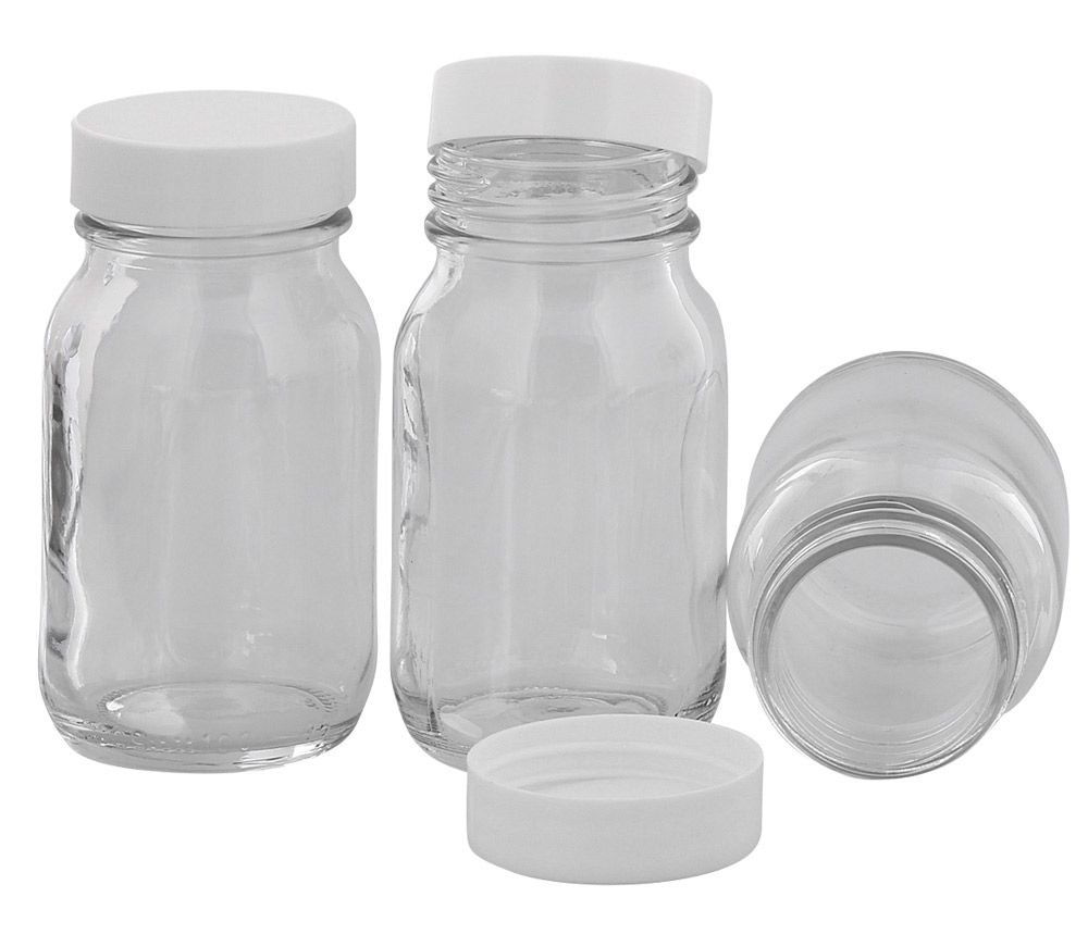 Klarglasflasche m. Kunststoff Deckel, Weithals-Flasche, 100 ml Kosmetex Glasdose aus Klarglas, leer 3× weiß