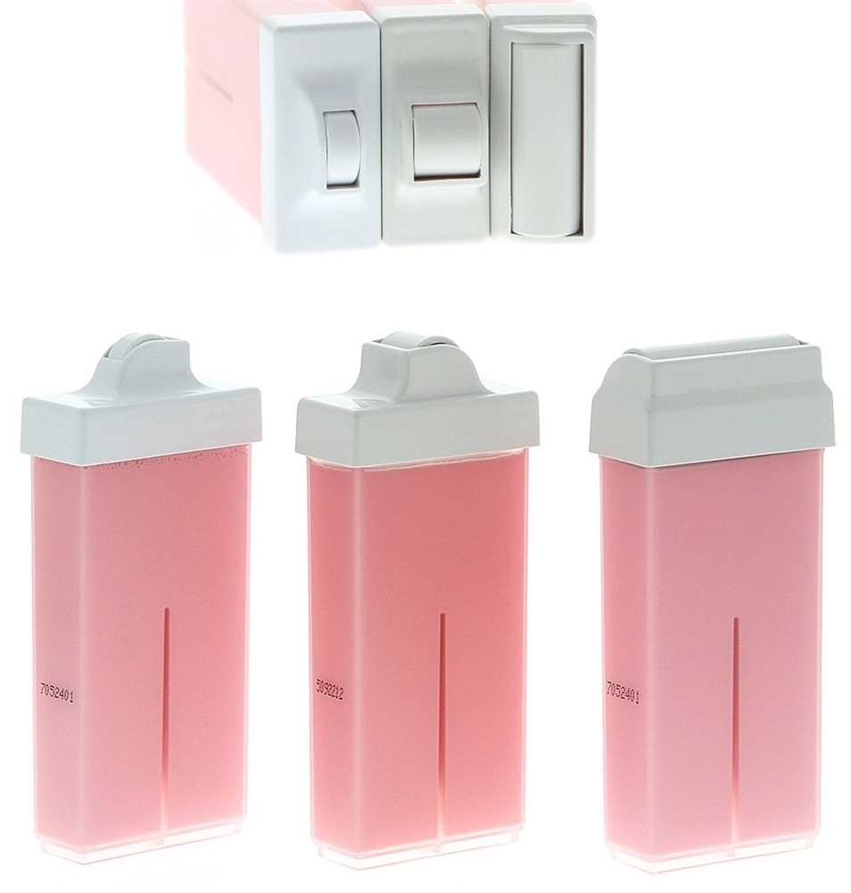 Rosa Warmwachs-patronen Rose Titanium m. 8, 15 und 45mm, Mini, Schmal und Breit Roll-On Aufsatz-Rollen, Kosmetex Premium 