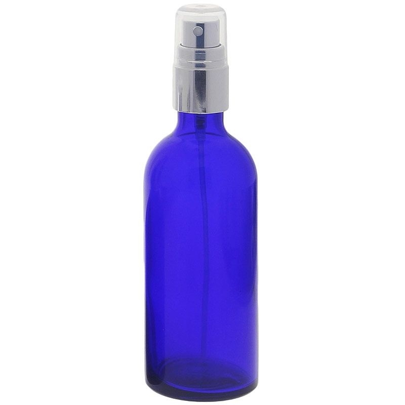 Blauglas Zerstäuberflasche, Sprühflasche mit silbernen Pumpzerstäuber. Kosmetex Parfümflakon 