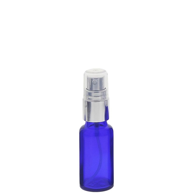 Blauglas Zerstäuberflasche, Sprühflasche mit silbernen Pumpzerstäuber. Kosmetex Parfümflakon 