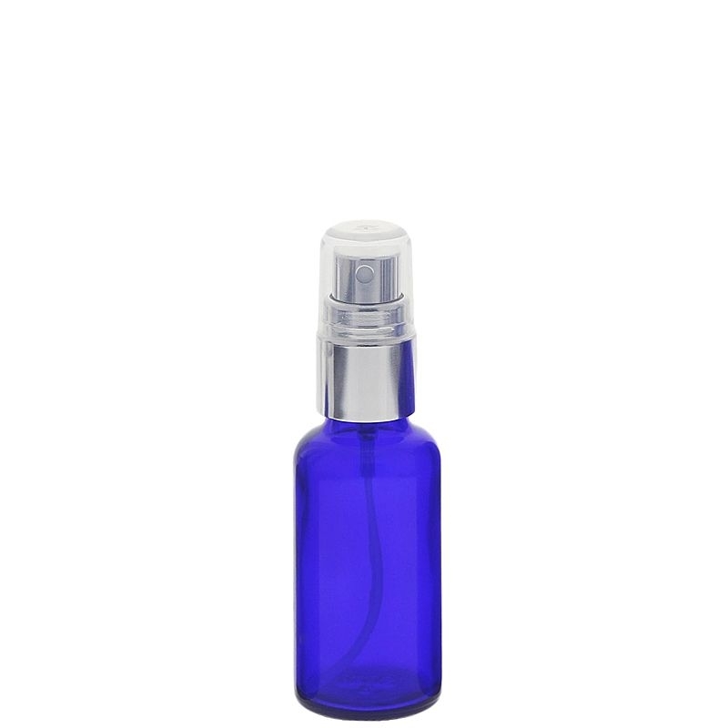 Blauglas Zerstäuberflasche, Sprühflasche mit silbernen Pumpzerstäuber. Kosmetex Parfümflakon 