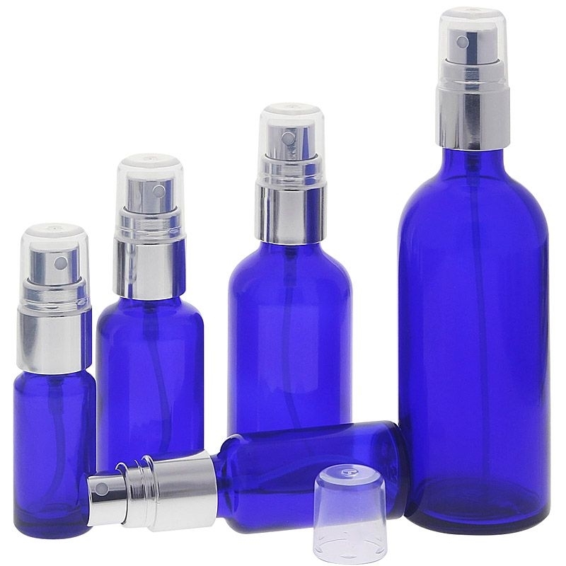 Blauglas Zerstäuberflasche, Sprühflasche mit silbernen Pumpzerstäuber. Kosmetex Parfümflakon 5er Mix-Set