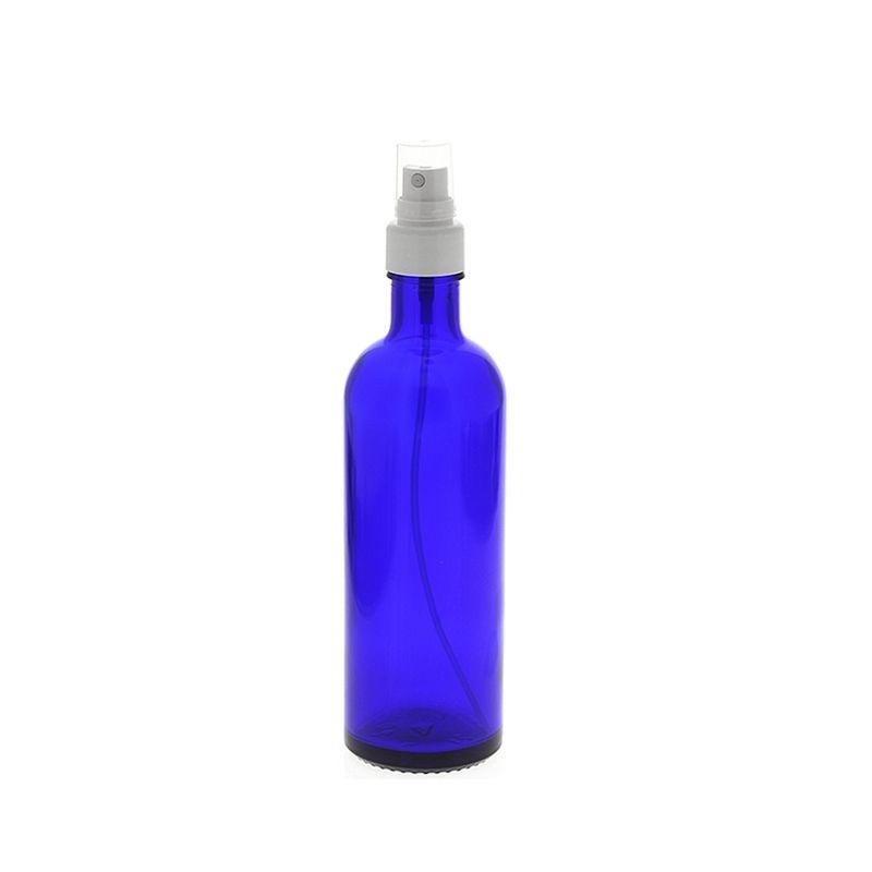 Blauer Glas Flakon, 200ml Blauglasflasche mit weißen Zerstäuber, leere Kosmetex Sprühflasche, Glas-Flasche 