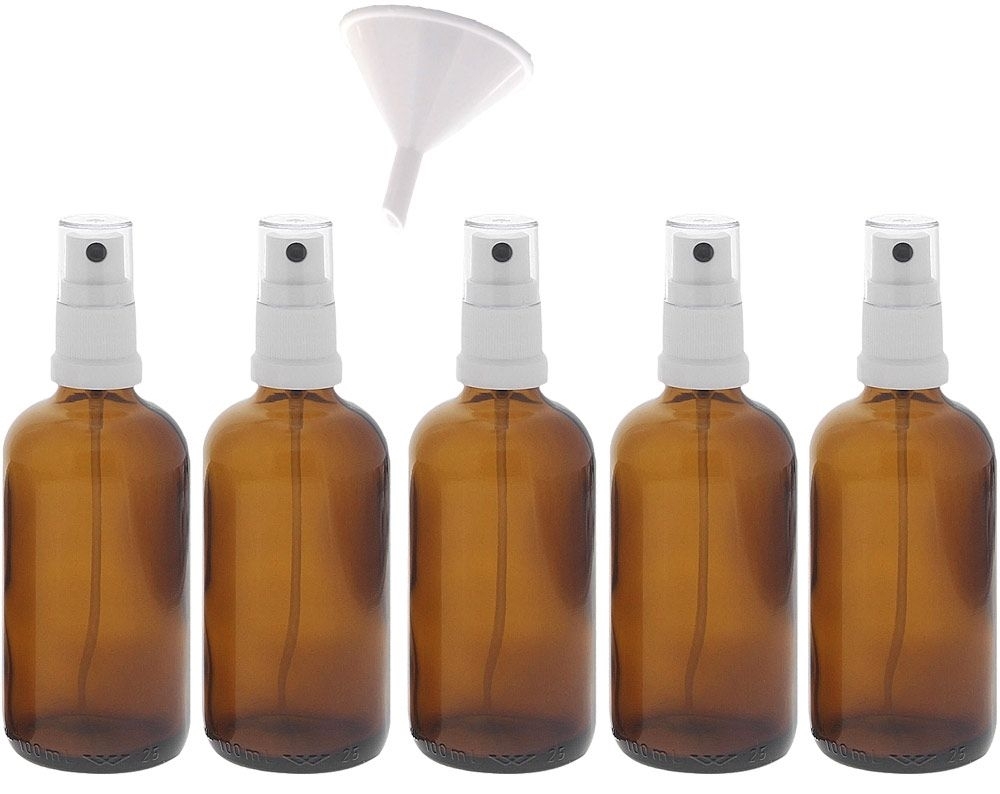 100ml Braunglas Zerstäuberflasche + Trichter, Sprühflasche mit weißem Pumpzerstäuber. Kosmetex Parfümflakon 