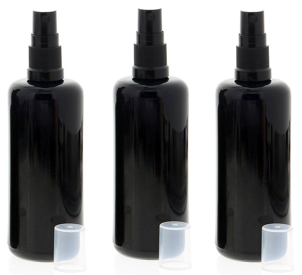 Violettglas Sprühflasche, stark lichtschützend, Miron Glas-Flasche mit Kosmetex schwarzen Pump-Zerstäuber 3 x 100 ml