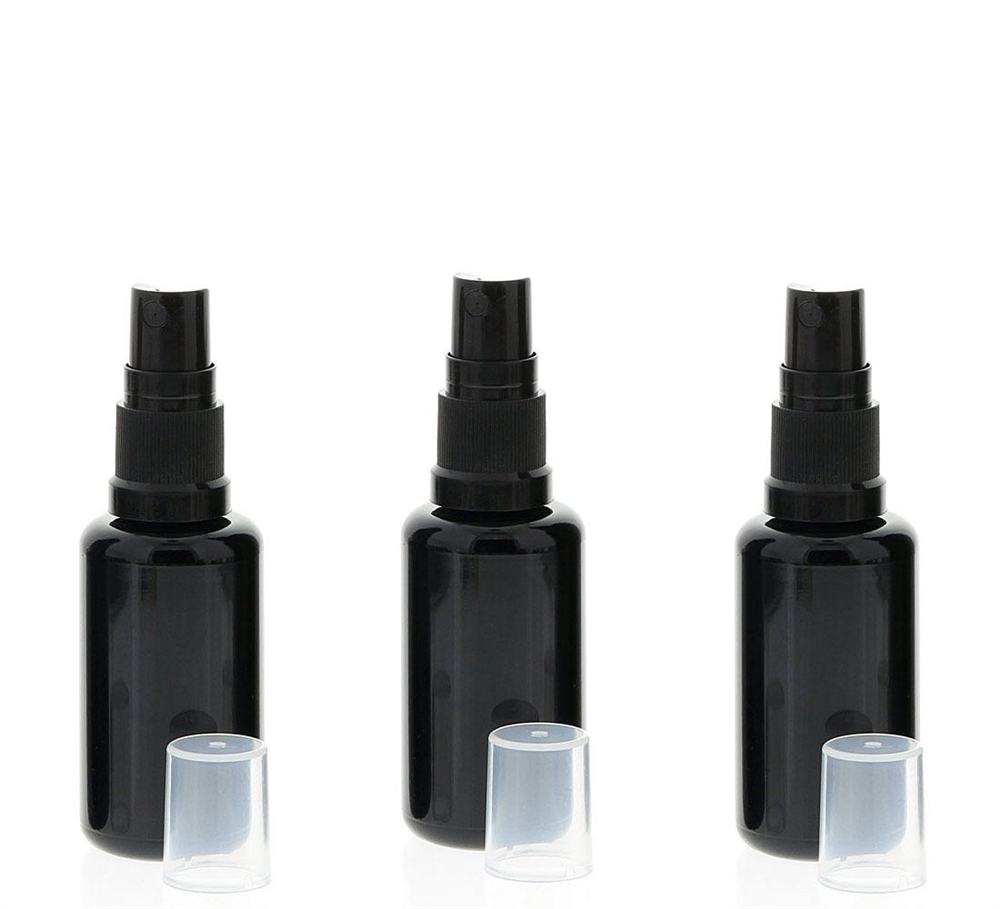Violettglas Sprühflasche, stark lichtschützend, Miron Glas-Flasche mit Kosmetex schwarzen Pump-Zerstäuber 3 x 30 ml