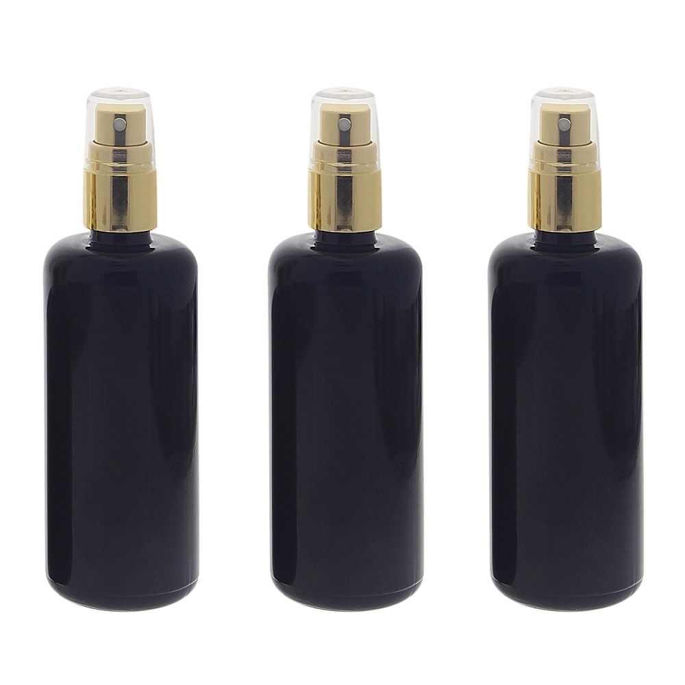 Violettglas Sprühflasche 100ml, stark lichtschützend, Lila Miron Glas-Flasche mit gold. Pumpzerstäuber, Flakon Kosmetex 3× 100 ml