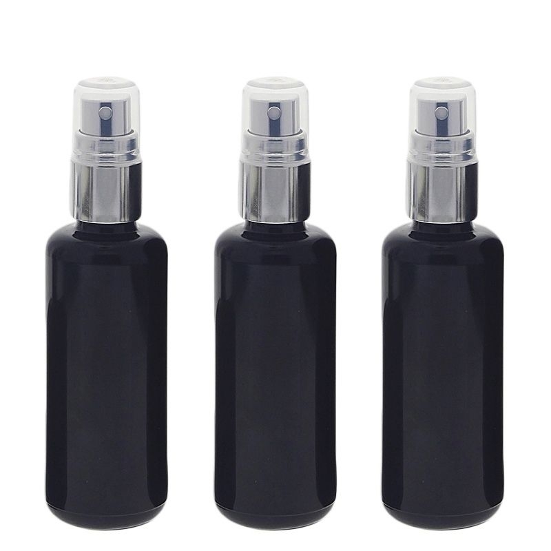 Violettglas Miron Sprühflasche 50ml, stark lichtschützend, Glas-Flasche mit silber Pump-Zerstäuber Kosmetex, Flakon 3 x 50 ml