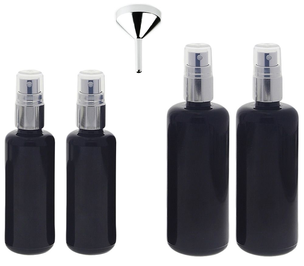 Violett-Glas Zerstäuber Flasche 2x 50, 2x 100ml + Trichter Mironglas-Flasche mit silber Sprüh-Pumper Kosmetex, Flakon 4er-Set +Trichter