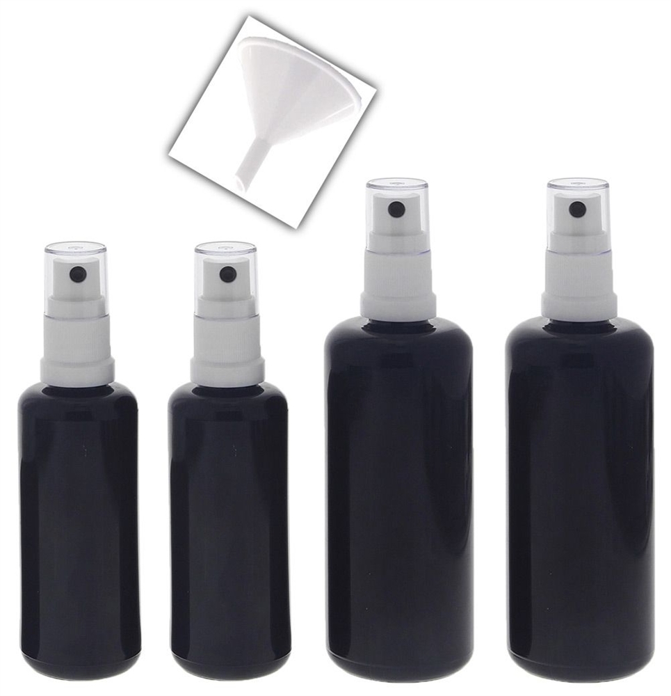 Violettglas Mix Set m. Trichter Sprühflasche, lichtschützend, Miron Glas-Flasche mit weißem Pumpzerstäuber, Flakon Kosmetex 