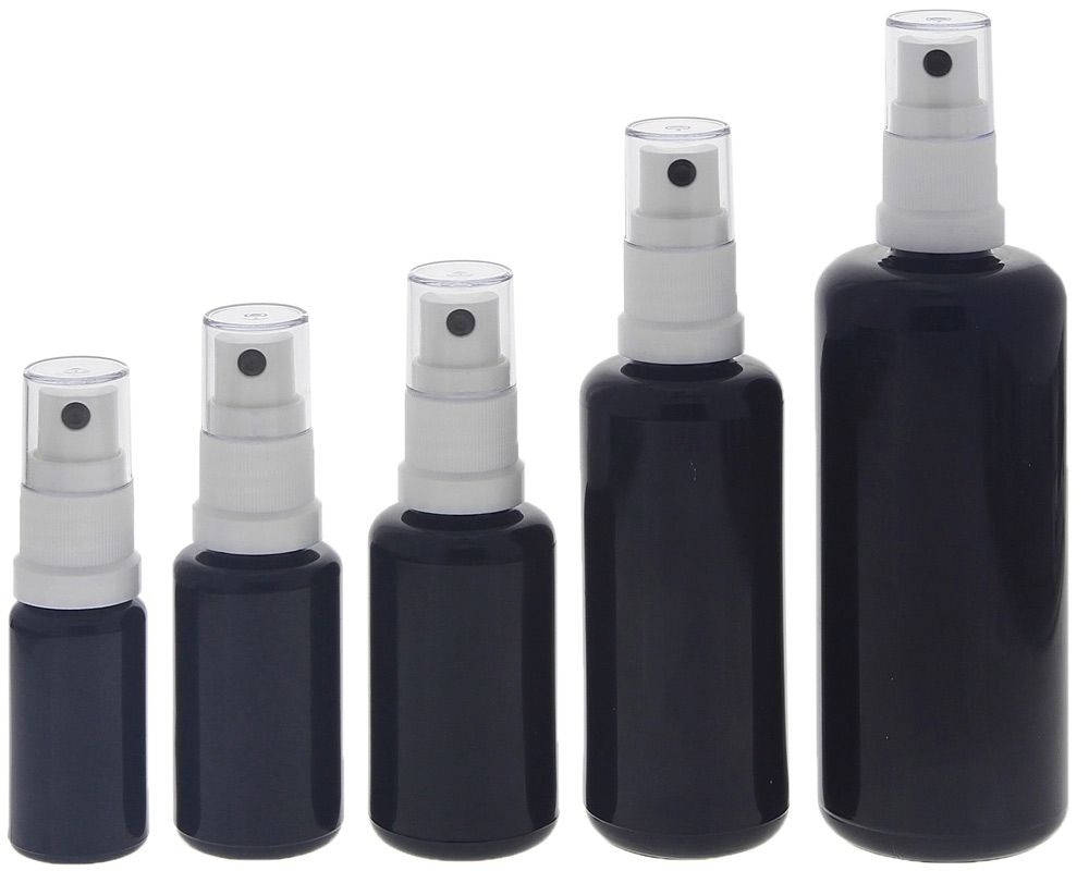 Violett Mironglas Sprühflaschen, stark lichtschützend, Glas-Flasche mit weißem Pumpzerstäuber, Flakon Kosmetex 5er Mix-Set