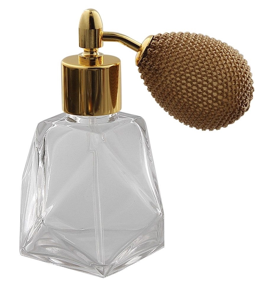 Glas-Flacon 50 ml, Zerstäuber mit Ballpumpe für Parfüm, Kosmetex Kuppelform, Gold 