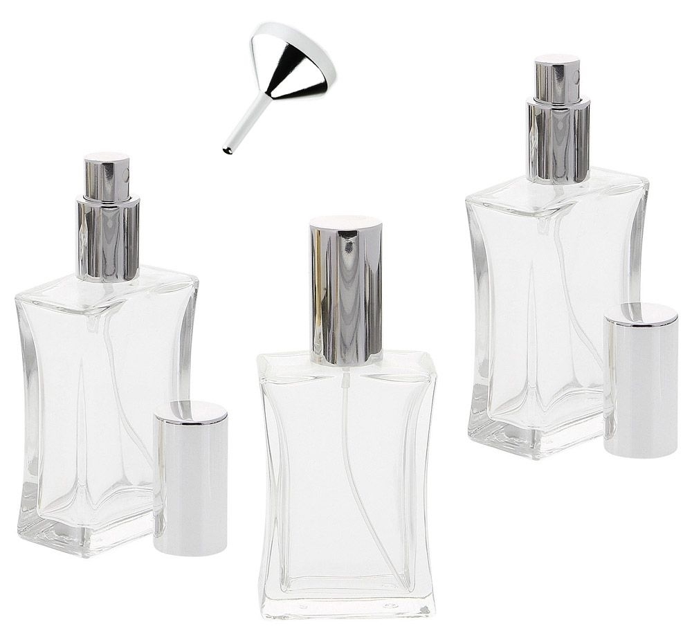 Kosmetex leerer, eckiger tailliert Glas-Flakon, 50 ml Mix-Set mit Parfüm-Trichter, Parfüm-Zerstäuber 