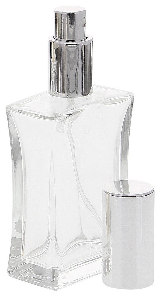 Kosmetex leerer, eckiger Glas-Flakon, 50 ml mit silbernem Parfüm-Zerstäuber 1 x silber