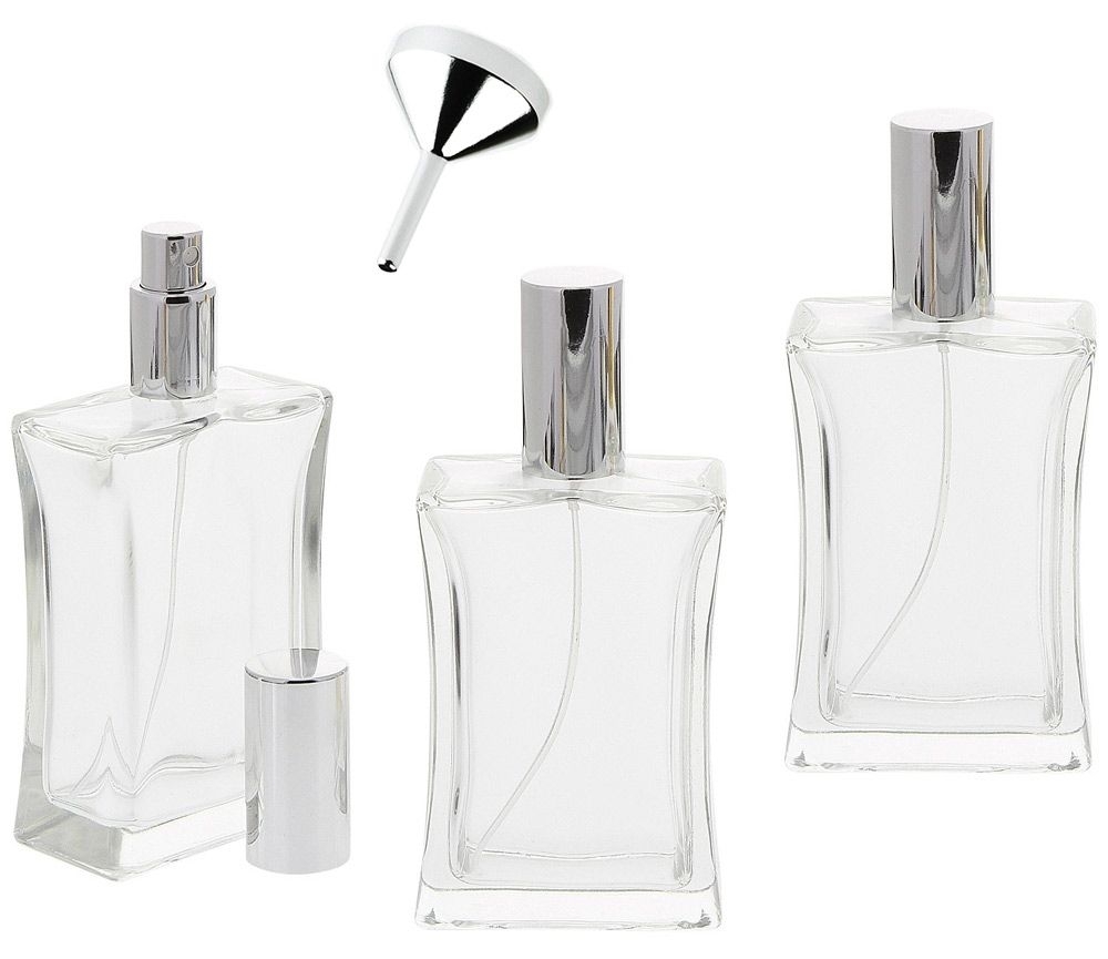 Kosmetex leerer, eckiger Glas-Flakon tailliert, 100 ml mit Trichter, silber farbener Parfüm-Zerstäuber 