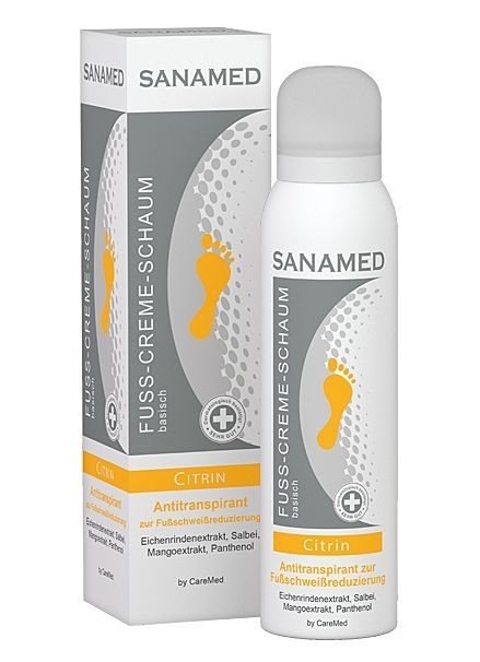 Sanamed Fuß Creme Schaum, Citrin, Fußdeo bei Schweißfuss, mit Panthenol, Salbei, 150ml 