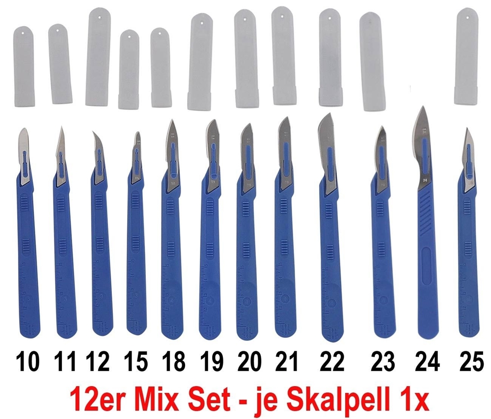 12x Einwegskalpell Klinge je Figur 1x , Kosmetex Sortiment Einmal Skalpelle mit Schutzkappe, einzeln steril verpackt Mix-Set