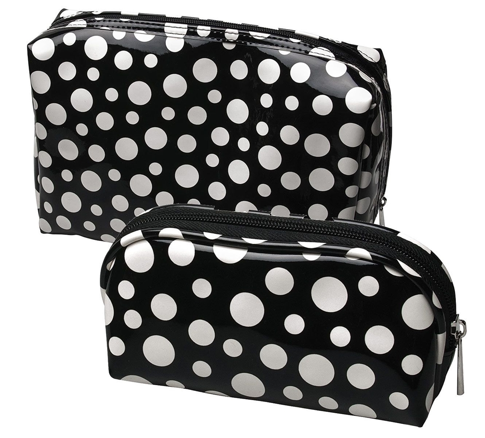 Schminktasche, schwarz mit punkten Lackoptik Kulturtasche, Kosmetex Kosmetiktasche 