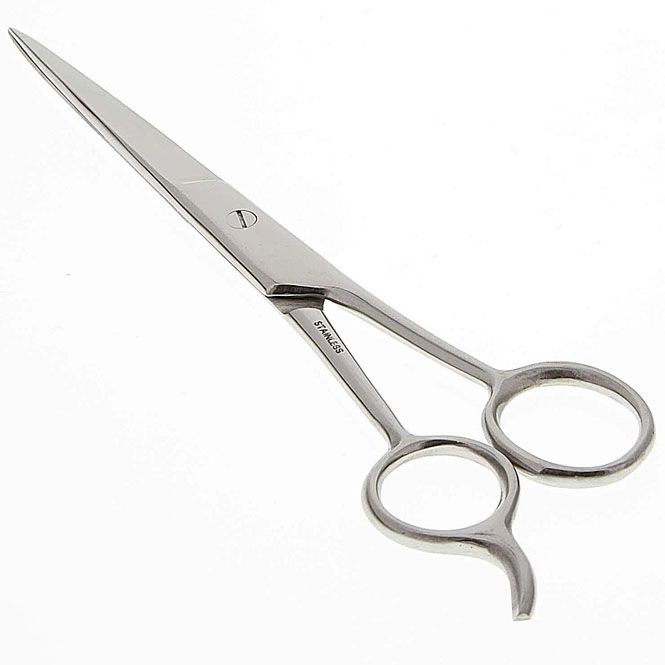 Haarschere, rostfrei, mit Haken für einen gleichmäßig schonenden Schnitt. 