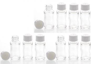 Klar-Glasflasche 10ml, leere Flasche mit Schraubverschluss, Flasche zum Selbst Befüllen, nur 6 cm hoch, Kosmetex 10 Stück