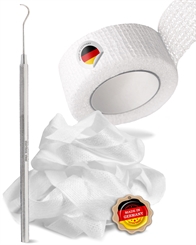 Kosmetex Set Tamponade 5 mtr, 1x Tamponierhaken, 1x Zehenbinde, Nagelfalztamponade für eingewachsenen Fußnagel, weiche Polsterung im Nagelbett 