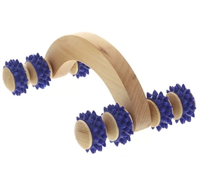 Massageroller aus Holz Massagegerät, Kosmetex Massagehandroller mit blauen Kunststoffnoppen Groß