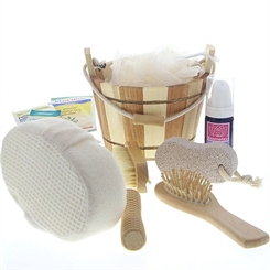 Wellness-Set, rund aus Bambus, mit Sisalschwamm, Seifschwamm, Bimsstein, Fußroller, Haarbürste, Nagelbürste 