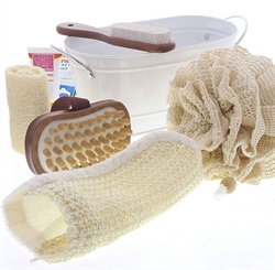 Bade- und Pflegeset "Rustikal" im Landhausstil mit Sisalblume, Luffagurke, Massagehandschuh, Cellulitebürste, Bimsstein 