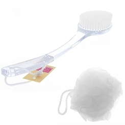 Kosmetex Badebürste und Einseifschwamm, transparent weiß Robuste Kunststoff Plastik Saunabürste mit langem Stiel Weiß