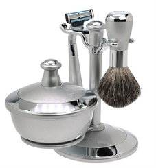 Aurawerk Silver Shaver Rasier-Set mit Schale. silber, Rasierer für Mach 3 Klinge, Pinsel Rein Dachs 