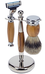 Aurawerk Rasier-Set mit Olivenholz, Rasierer für Mach 3 Klinge, Pinsel Rein Dachs Silberspitz 
