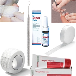 5 er Set, Kosmetex Wattehaken, 4x Tamponade, Gehwol Fluid, Süda Nagelfalzcreme, 2x Zehenbinde Set 5