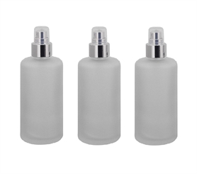 Mattglas, Zerstäuber-Flasche, m. silbernem Pumpzerstäuber Kosmetex Glas-Flasche, Flakon, leer 3× 100 ml silber Zerstäuber