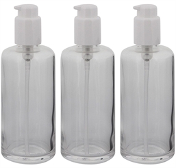 Klarglas, Gel-Spender Flasche, m. weißer Lotionspender, 200 ml Kosmetex Glas-Flasche, Flakon, leer 3× 200 ml Klarglas