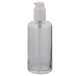 Klarglas, Gel-Spender Flasche, m. weißer Lotionspender, 200 ml Kosmetex Glas-Flasche, Flakon, leer 