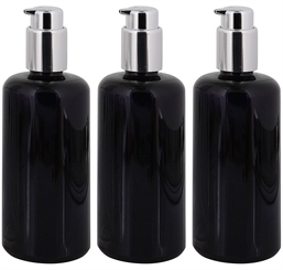 Violettglas Mironglas Gel-Spender Flasche silber Lotionspender Kosmetex Glas-Flasche, Miron Flakon, leer 3× 200 ml Violettglas