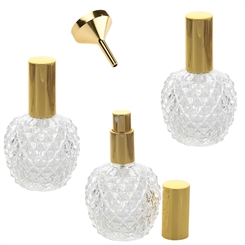 Parfümflakon Kosmetex Zerstäuber, runde Form 75 ml Flakon für Parfum, Colognes, leer 3x Gold +Trichter