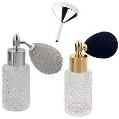2x Kosmetex Glas-Flakon leer in Kristallschliffart mit Trichter, 25ml Parfüm-Zerstäuber mit Ballpumpe 2er Set+1 Trichter