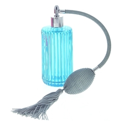 Türkiser Glas-Zerstäuber mit Ballpumpe und Quaste, blauer Kosmetex Parfüm-Flakon leer, Art deco Stil, 100ml Türkis